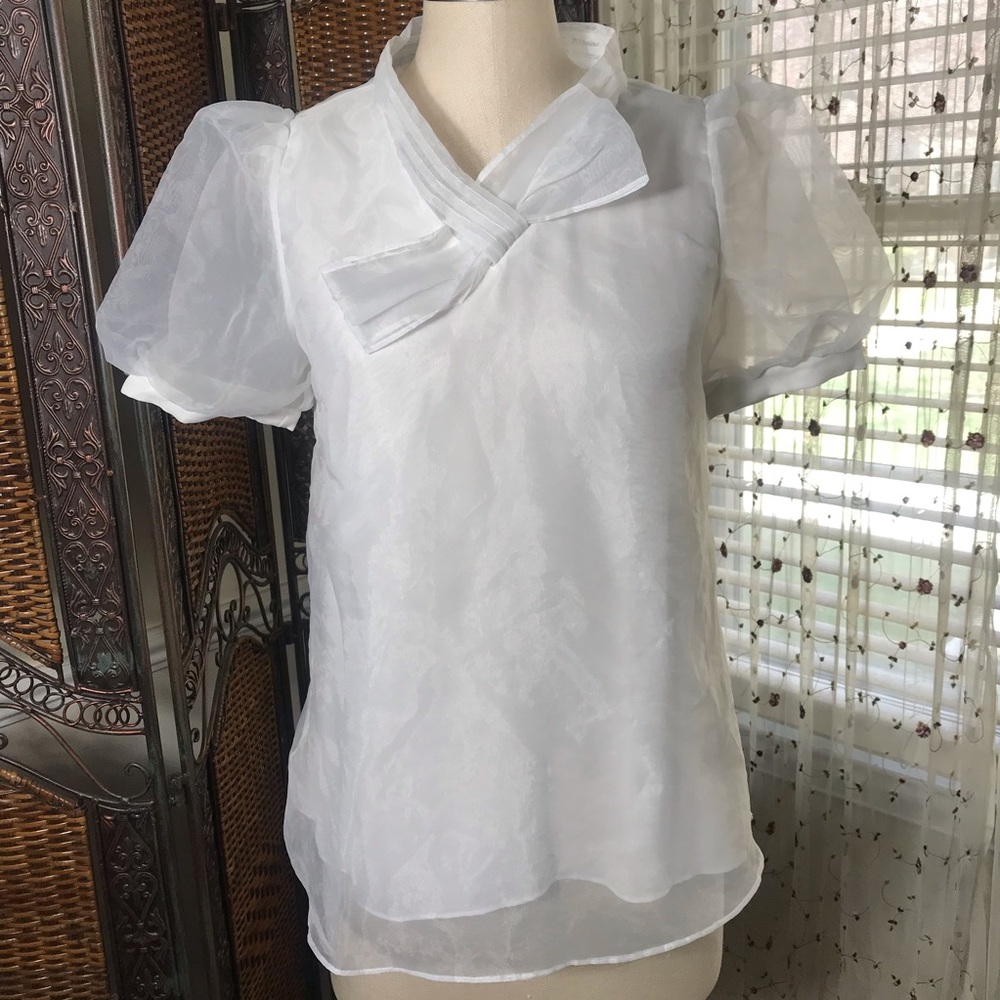 Women's White Organza Puff-Sleeve Blouse with Bow Neck